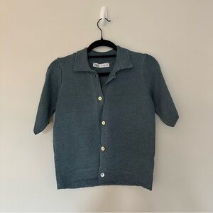 Zara Blue Metallic Knit Short Sleeve Sweater Top